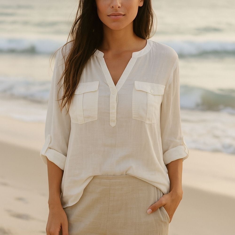Express M Sheer Blouse Vneck See Through Shirt Off White Roll Tab Tunic Beachy